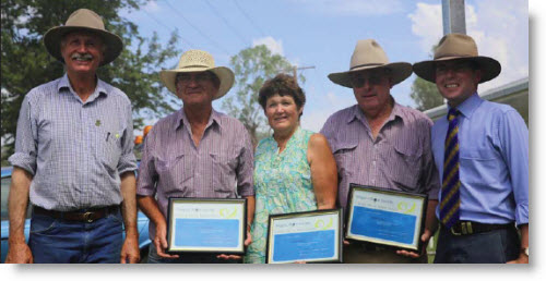 Member for Northern Tablelands, Adam Marshall and President of the Show Society, David Young presented Ron Greenaway, Debra and Robert Mack with life memberships.