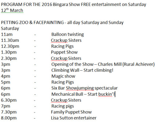 2016 Bingara Show List of Events