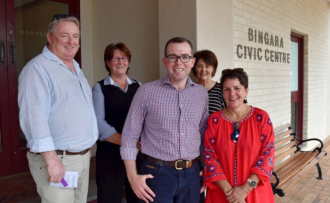 GSC Community Development Manager Tim Cox, left, Library Services Manager Gail Philpott, Tablelands MP Adam Marshall, Deputy Mayor Catherine Egan and Cr Tiffany Galvin outside the Bingara Civic Centre