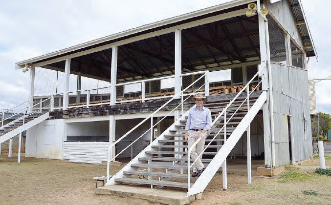 Member for Northern Tablelands, Adam Marshall inspecting the run-down grandstand at Gwydir Oval.