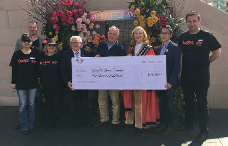 Gwydir Mayor, John Coulton (centre) receiving a cheque from Willoughby Councillors, Christine Tuon, Craig Campbell, Wendy Norton, Tony Mustaca OAM, Mayor Gail Giles-Gidney, Brendon Zhu and Angelo Rosos.