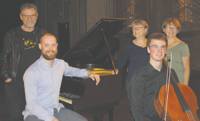 Pianist Thomas Williams and cellist Robert Manley were joined by the nephew of the late Lorna Howell, Rick Hutton and his sisters Debbie Smithers and Cathy Hutton to celebrate the arrival of the Lorna Howell baby grand piano.