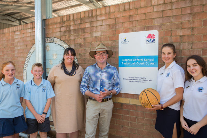 Bingara Central School primary captains Jane Newnham, left, and Clayton Brien, Principal Brooke Wall, Northern Tablelands MP Adam Marshall with secondary captains Katie Dennis and Jaqueline Coombes at the official opening of the upgraded court.