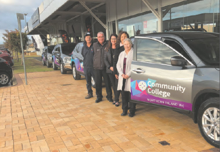 Community College Northern Inland took delivery of a new fleet of vehicles recently. Pictured (from right) are Vicki Zammit (VET Manager), Alison Heagney (Executive Officer), Tania Archer (Inverell Campus Coordinator), Braith Gartshore (Gaukrogers Sales Manager) and Roly King (Owner, Simply Print Anything) during the handover.