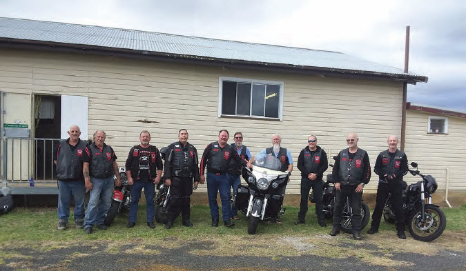Members of the Patriots Australia Military Motorcycle Club outside the Bingara Scout Hall at Gwydir Oval.
