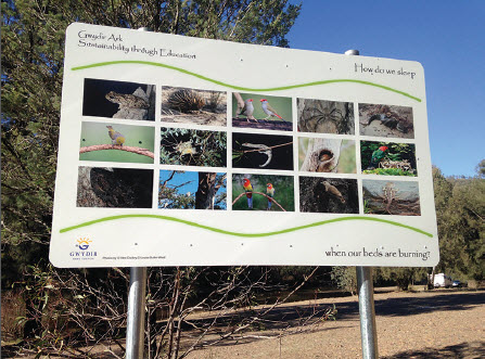 This sign shows local photographs of wildlife found in and around the Gwydir River at Bingara.